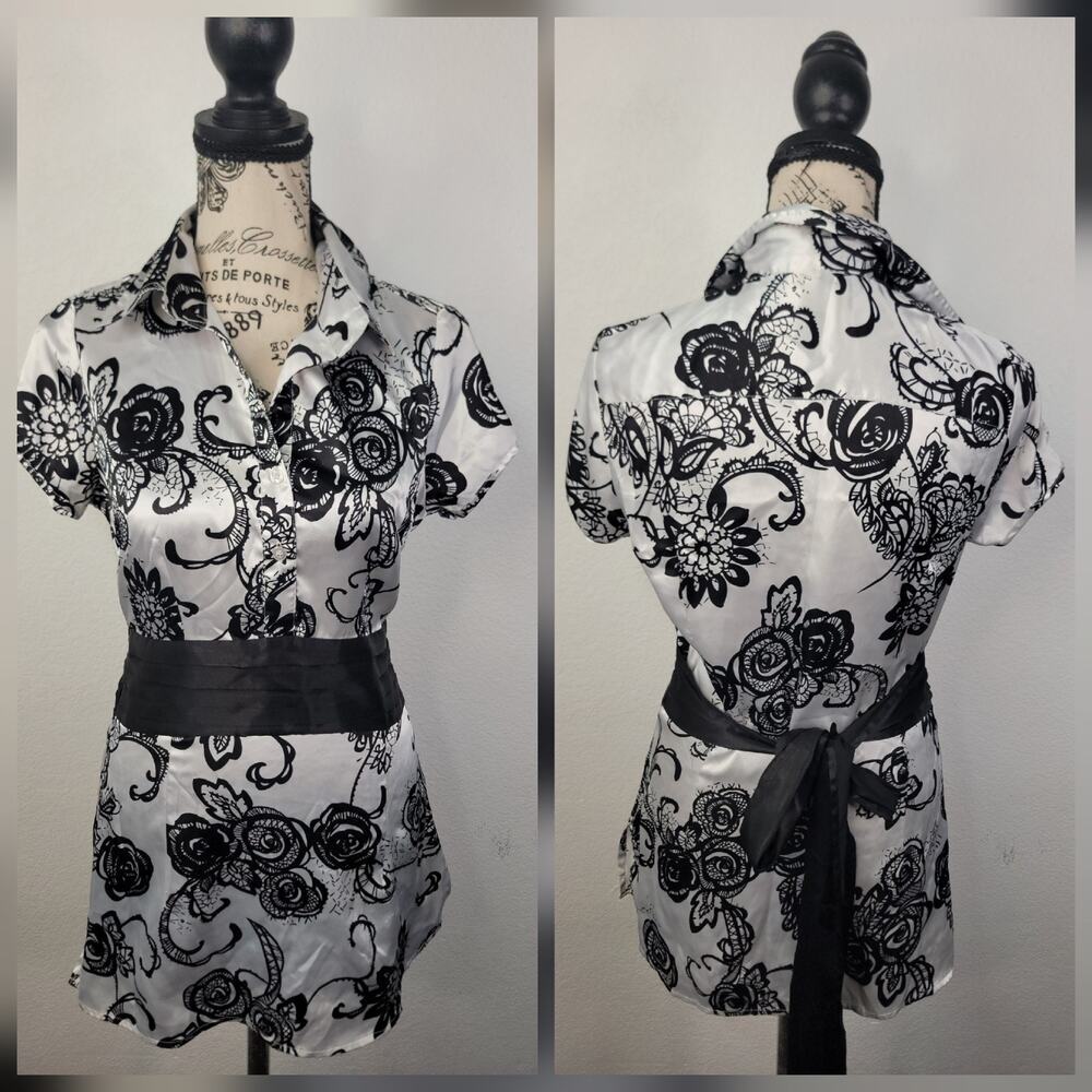 Charlotte Russe Silk Babydoll Top SZ S Puff Sleeves Tie Back Floral VTG Y2K